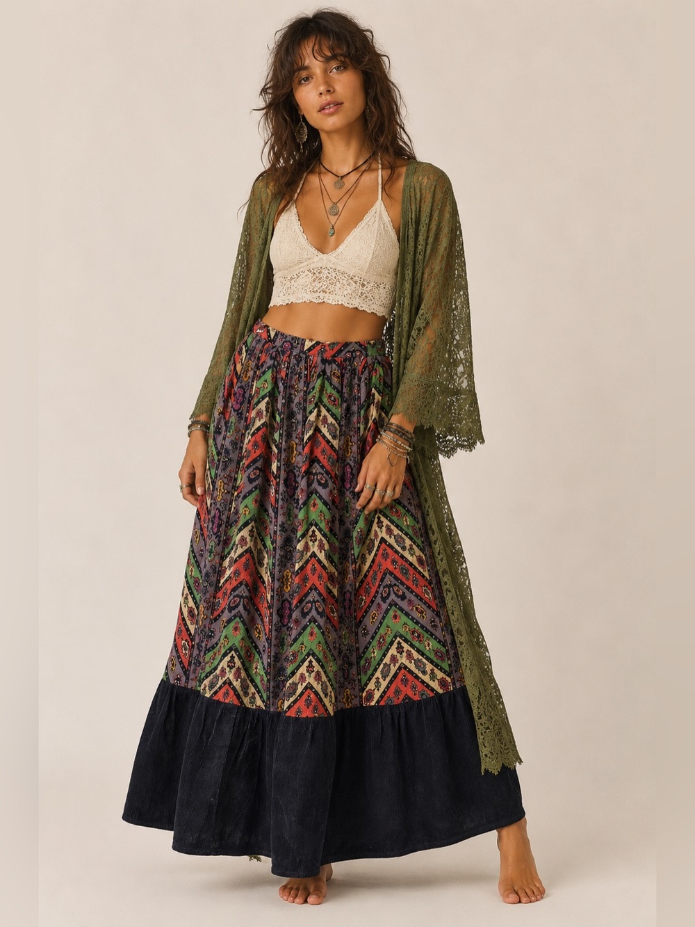 Y2K 90’s Dark Fairycore Boho Midi Skirt Paisley Chevron Corduroy Goblincore Twee